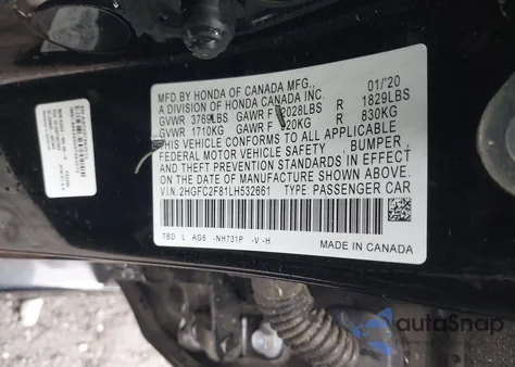 2020 Honda Civic Sport z USA, uszkodzony, nr VIN 2HGFC2F81LH532661